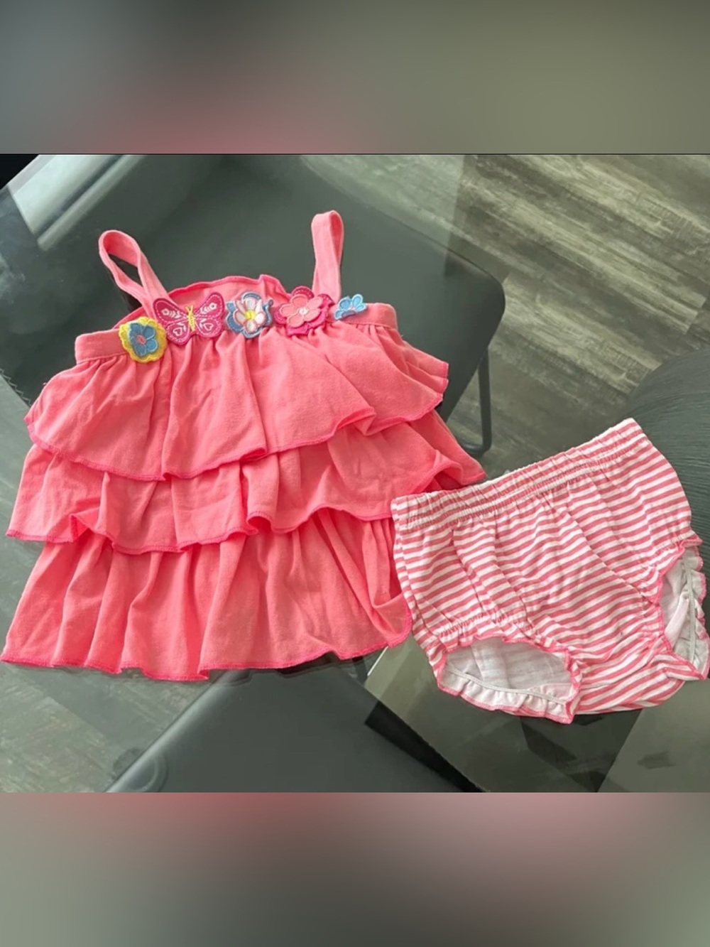Essentials Coral Pink Ruffle Tankini Set with Floral Appliques